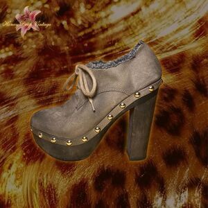 Tan Shearling Lace Up Platform Clog Heels with Silver Studs